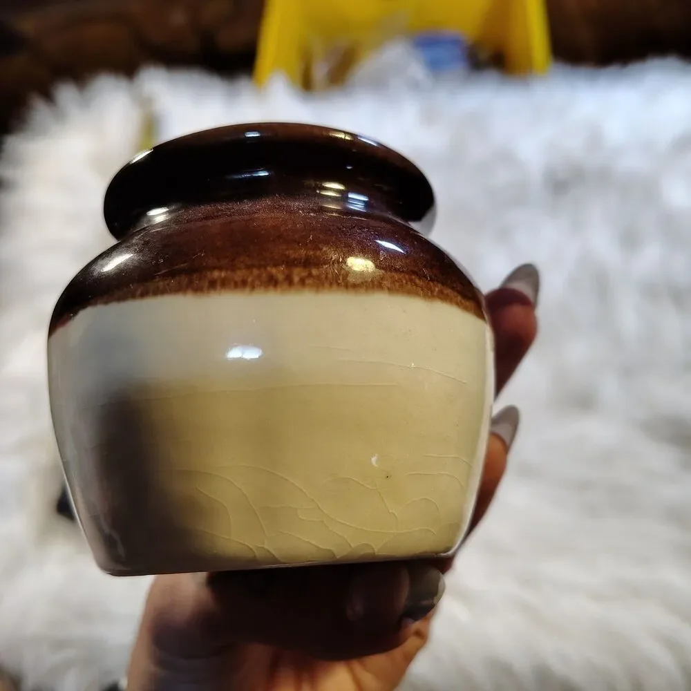 Burnham & Morrill CO Small Stoneware Bean Pot Brown & White Glaze Lot Of 2